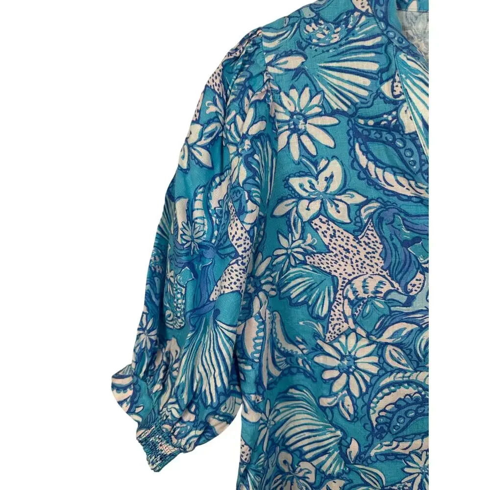 Lilly Pulitzer Mialeigh Linen Top Sound The Sirens Blue Puff Sleeve Size Medium